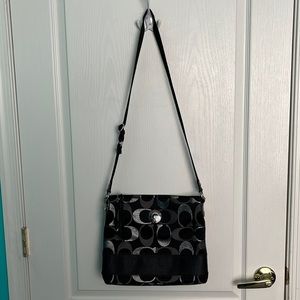 Coach Crossbody Messenger Bag in Signature Black, Gray, and Silver Canvas